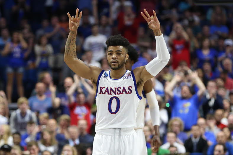 Mar 19, 2017; Tulsa, OK, USA; Kansas Jayhawks guard Frank Mason III (0) reacts during the second half against the Michigan State Spartans in the second round of the 2017 NCAA Tournament at BOK Center. Kansas defeated Michigan State 90-70. Mandatory Credit: Kevin Jairaj-USA TODAY Sports