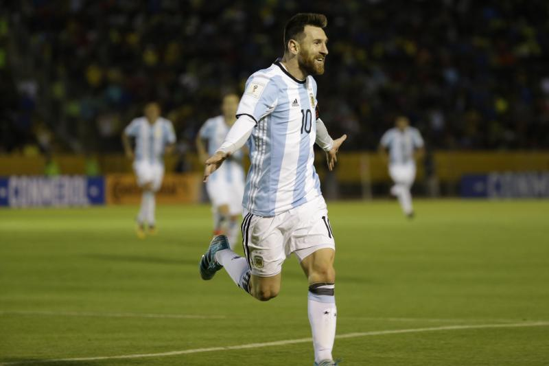 Lionel Messi celebrating after scoring Argentina’s second goal vs. Ecuador 